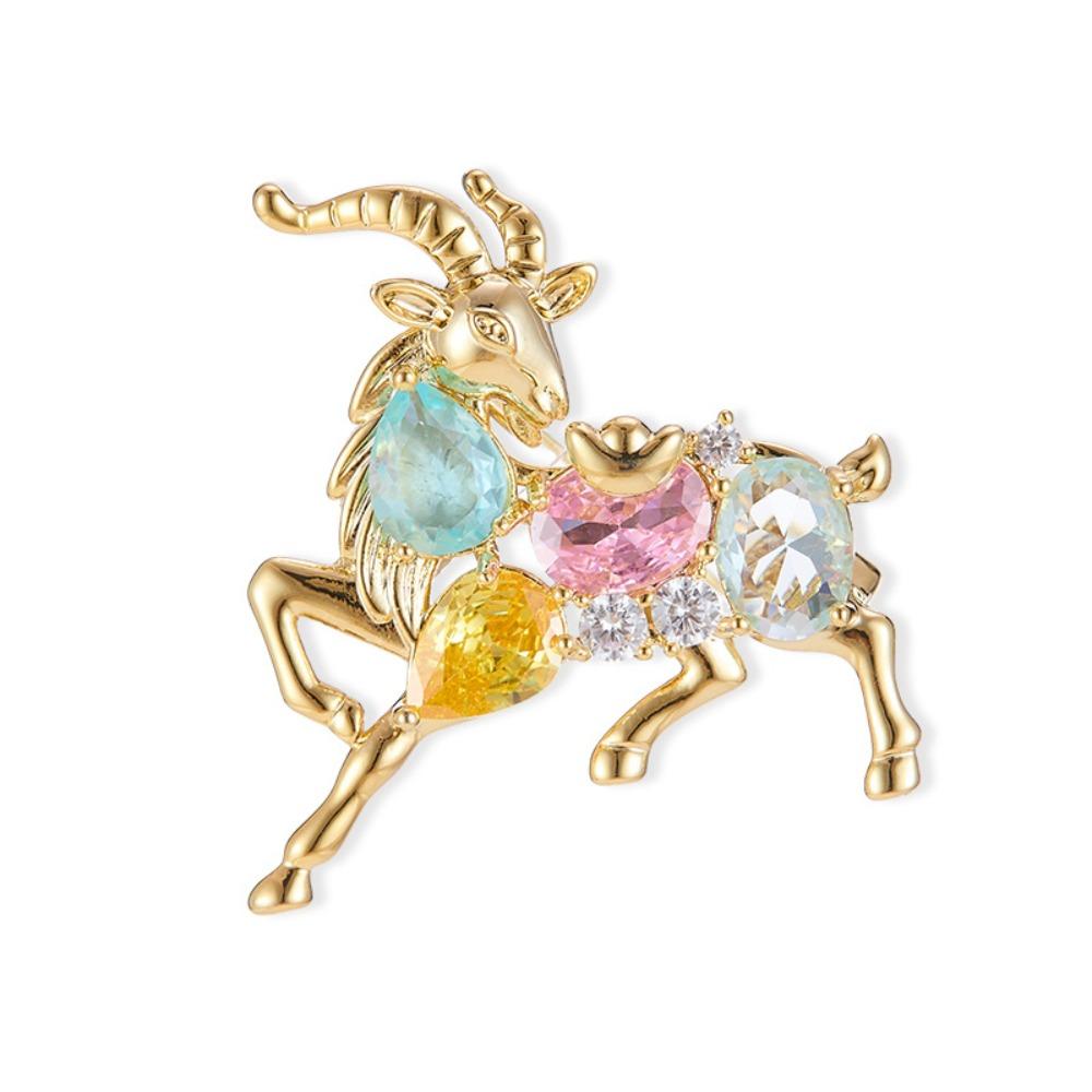 Inlaid Rhinestone Animal Lapel Pin Curved Horns Zodiac Year Badge Lucky Ram Breastpin Daily Outfit