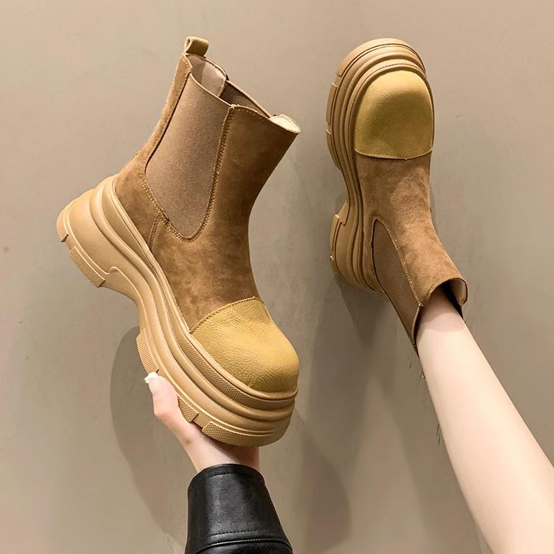 Мода Мода Универсальный Однотонный Женские Ботинки Толстая Подошва Круглый Носок Ботильоны Женская Меховая Панк Готическая Обувь