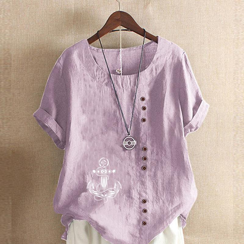 Женская модная футболка с круглым вырезом и коротким рукавом, повседневная хлопковая льняная рубашка с рисунком, свободная летняя блузка с принтом для отдыха, корабельный якорь, топы