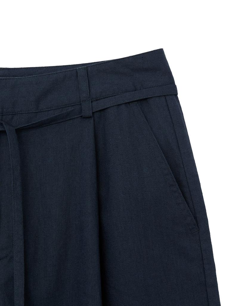 GLOWNY G Belted Linen Wide Pants (Navy)