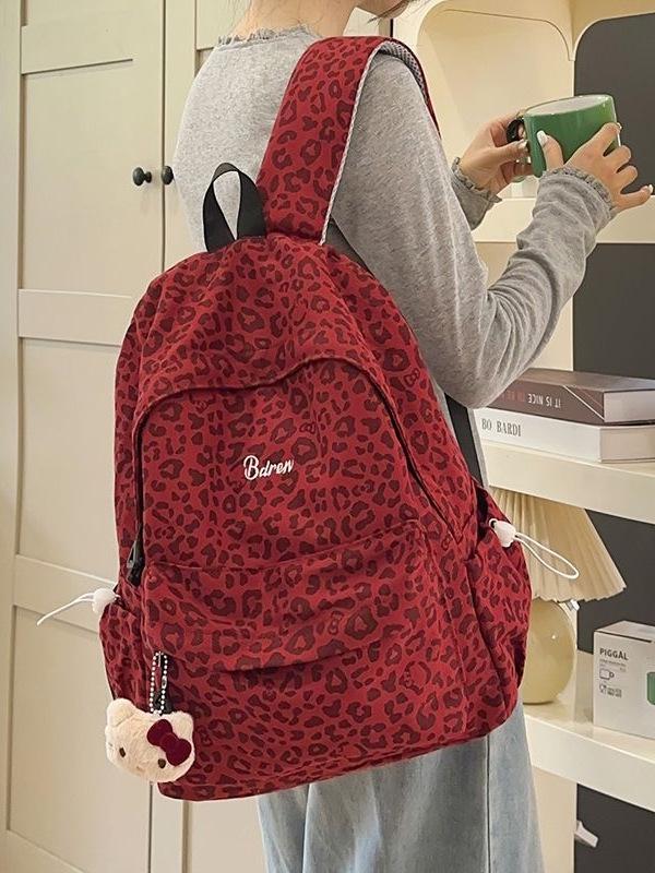 Women's Red Leopard Print Double Shoulder Backpack - Stylish American Niche Travel Bag, Large Capacity, Lightweight