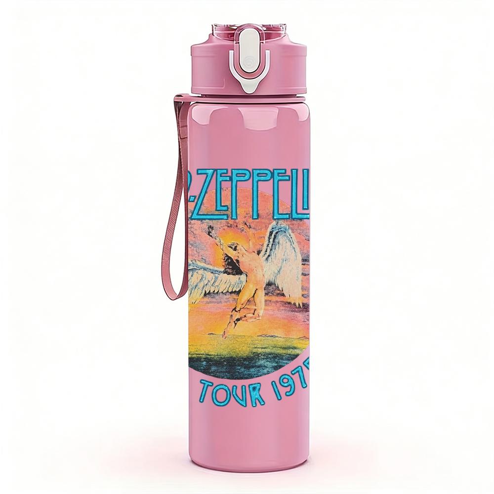 1PC Led zeppelin circular colorful band print 750ml colorful plastic sports water bottle leakproof pop up lid with straw for outdoor work home use