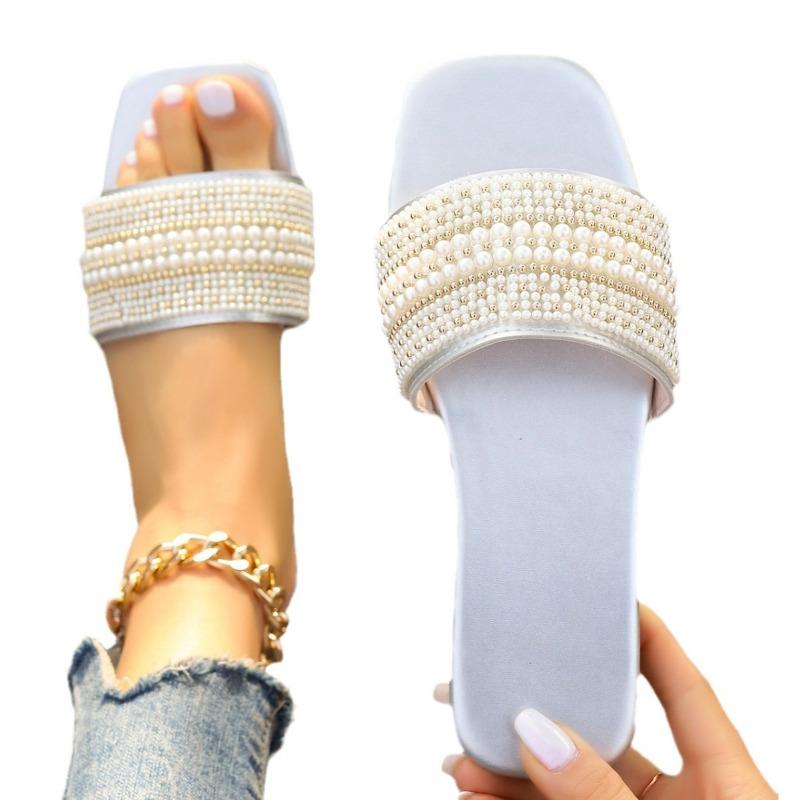 Большие размеры Xiaoxiangfeng односложные тапочки женская верхняя одежда квадратная головка жемчужные тапочки на плоской подошве женская обувь трансграничного назначения