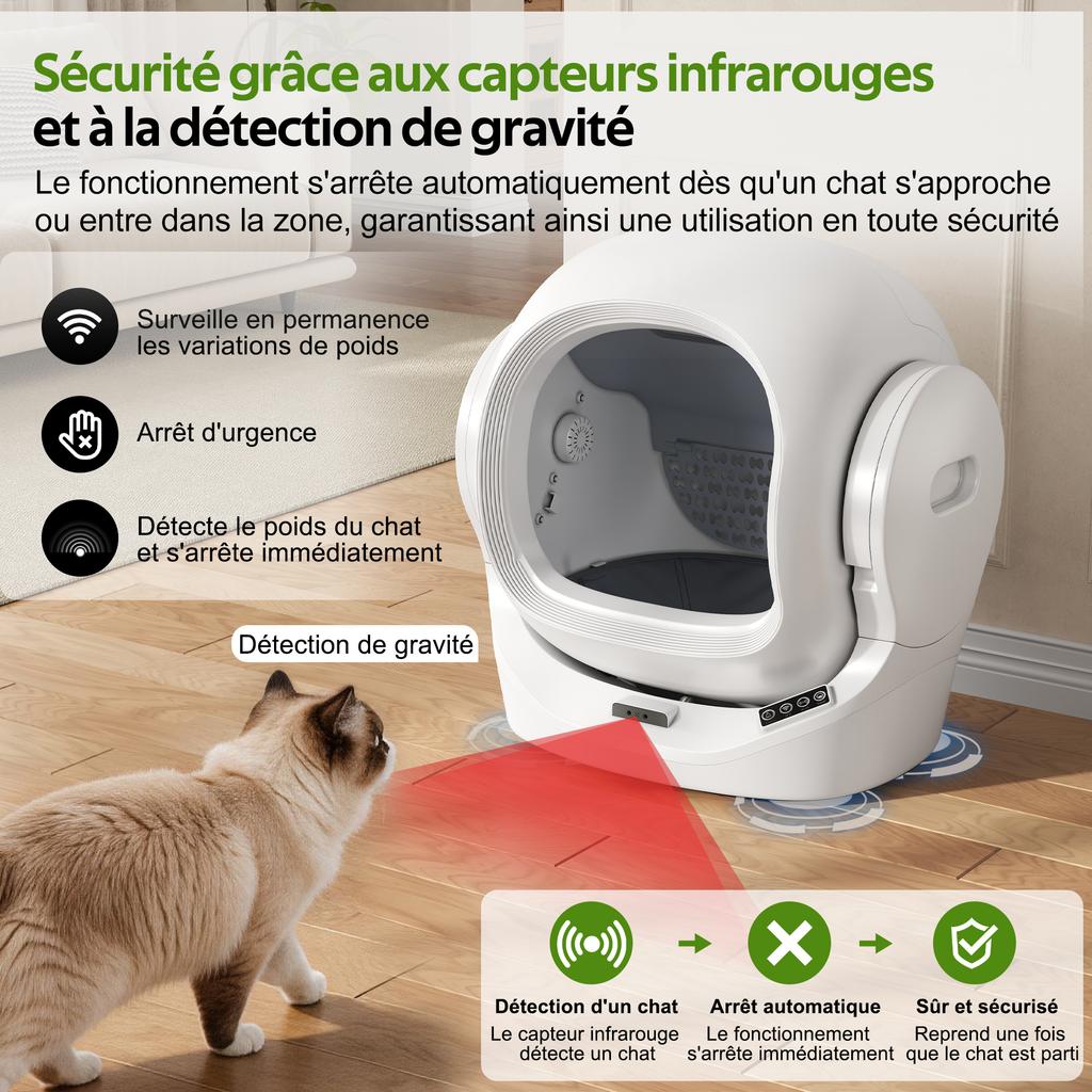 Smart Cat Litter Box with App Control, 68L Large Capacity, 8L Waste Bin, Aroma Box, Infrared Safety, for 1–2 Cats, Self-Cleaning, Quiet, Child-Safe