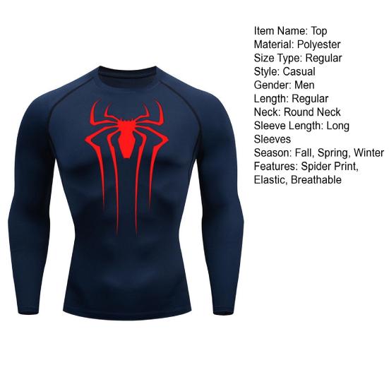 Men Fall Spring Top Skinny Sweat Absorption Elastic Spider Print Long Sleeve Soft Breathable Round Neck Compression Training Workout Exercise