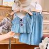 Girls' Summer Set, Fashionable Women's Treasure Denim Camisole Top with Wide Leg Pants, Two Piece Set, Cute