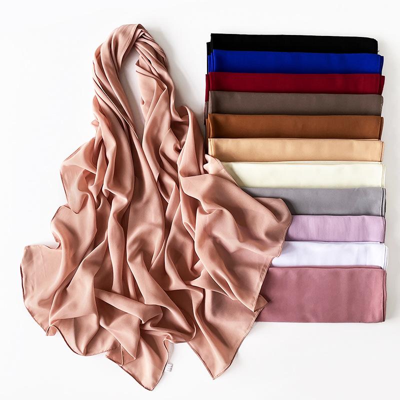 Малазийский однотонный этнический стиль атласный длинный шарф монохромный жемчужный шифоновый платок