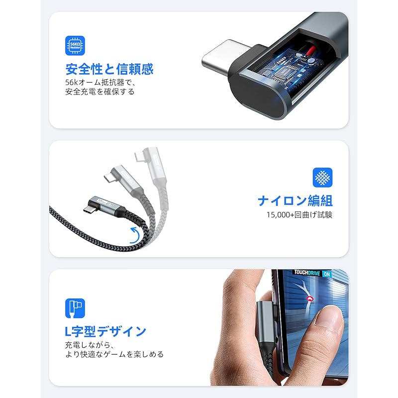 SUNGUY USB Type C Cable L-shape 1.5M USB3.1 Gen2 10Gbps Data Transfer USB-A To USB-C Type C 3A Fast Charging Android Auto Compatible Nylon Knitting