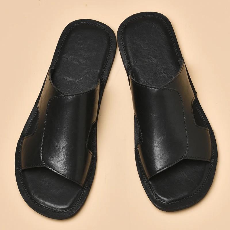 Мода Мода Мужские Сандалии на Мягкой Подошве Однотонные С Открытым Носком из Натуральной Кожи Сандалии для Ходьбы 2025 Новые Пляжные Дышащие Нескользящие Шлепанцы