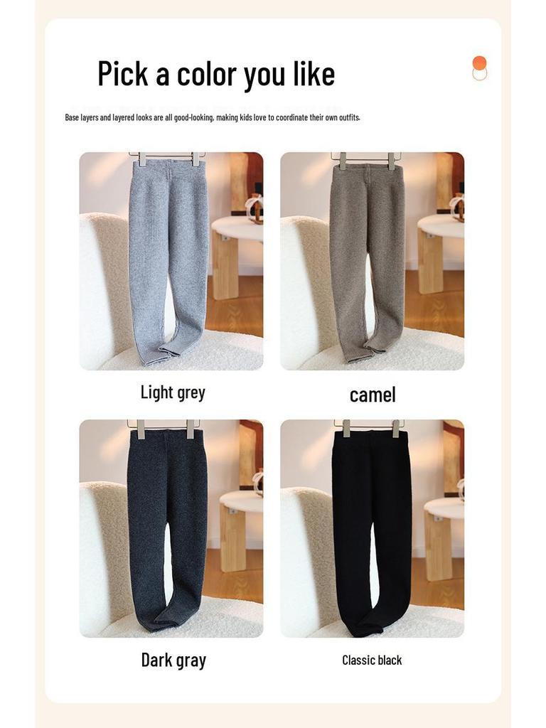 100% Pure Wool Girls' Leggings - Warm Autumn/Winter Pants, Solid Color Korean Style