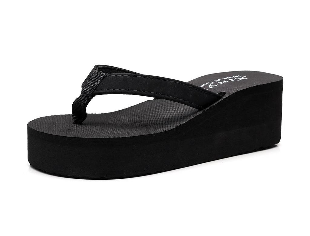 Женские нескользящие шлепанцы на танкетке из ткани с цветочным принтом 2019 года — летняя пляжная обувь в корейском стиле