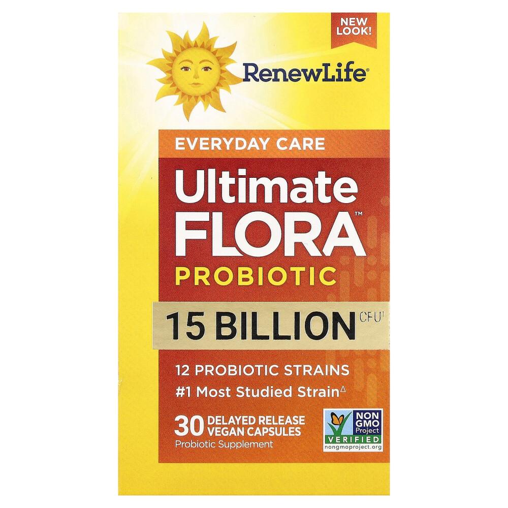 RenewLife Ultimate Flora Everyday Probiotic, 15 Billion Active Cultures, 30 Veggie Capsules