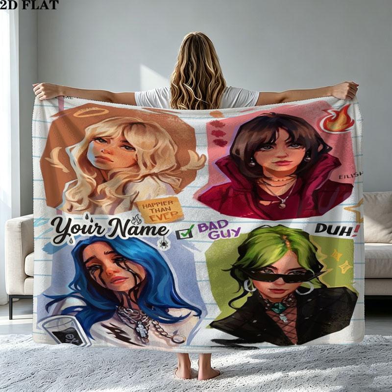 1PC Billie Eilish Custom Name Patterned Flannel Blanket Suitable For All Seasons for Home Decor Warmth and Comfort Gifts Holiday Present
