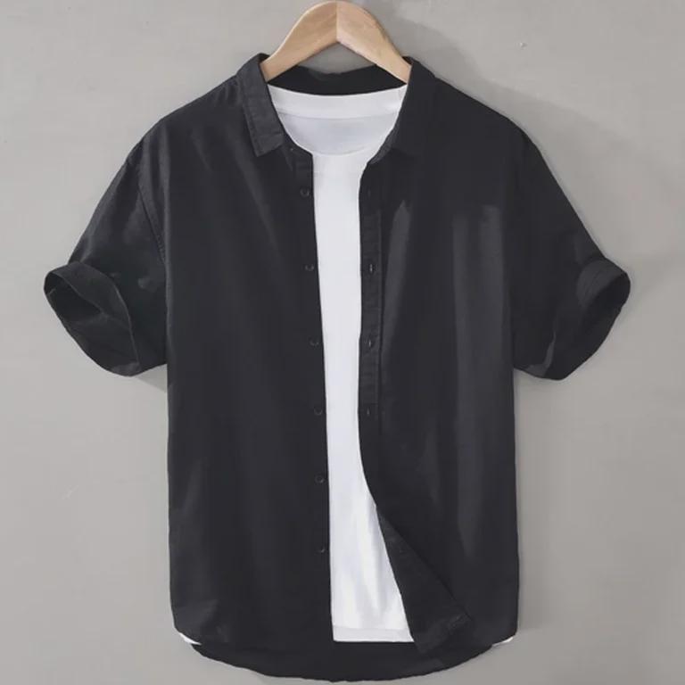 Мужская льняная рубашка темно-синего цвета с короткими рукавами — воротник-стойка, свободный крой, дышащая, универсальная, в японском ретро-стиле, повседневная.