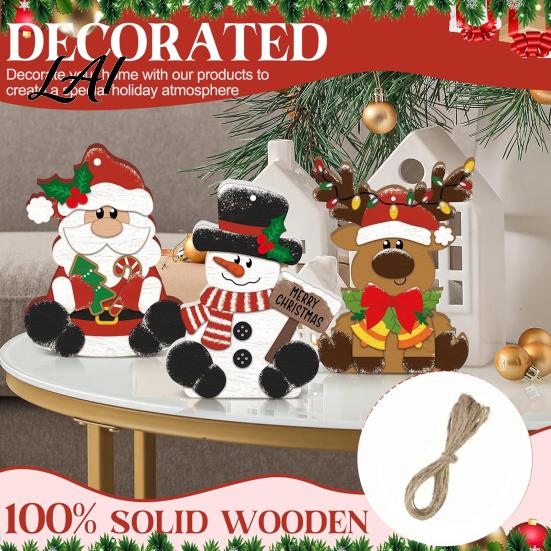 Seasonal Desktop Party Supplies 3Pcs Christmas Wooden Tabletop Decor Set Santa Snowman Reindeer Figurine Hanging Gift for Family Tree Ornament with