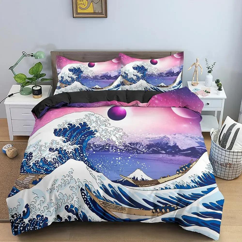 Комплект пододеяльника Wave для детей, подростков, взрослых, размера кинг, абстрактный, синий, океан, чехол для одеяла, волны, паруса, луна, полиэстеровый комплект постельного белья