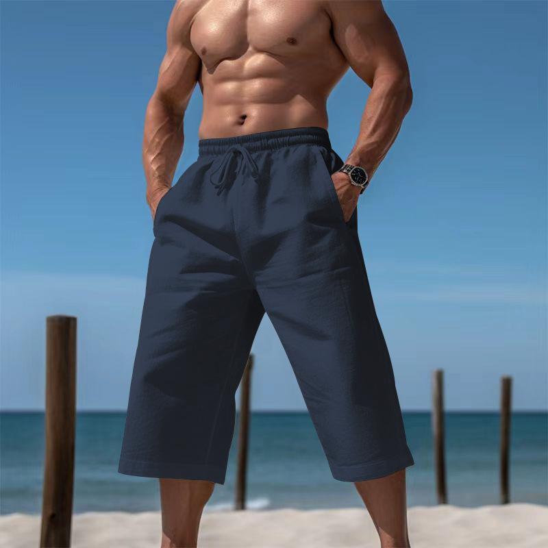 Breathable Lightweight Men Linen Cropped Capri Pants, Elastic Waist Drawstring Wide Leg 7/8 Shorts, Multi Color Casual Beach Pocket Trousers