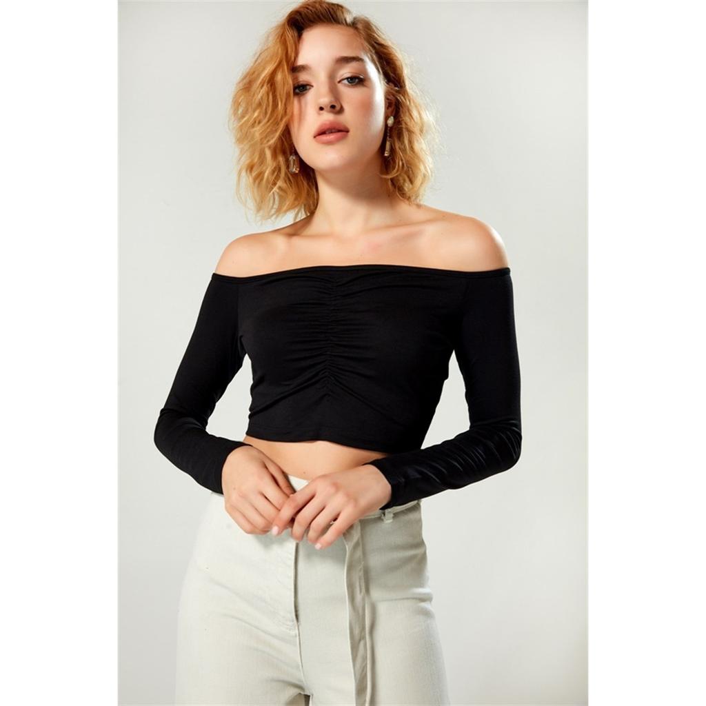 On Shoulder Gathered Front Black Blouse | On Shoulder Viscose Fabric Summer Black Blouse for Women | Lycra Viscose Fabric Blouse