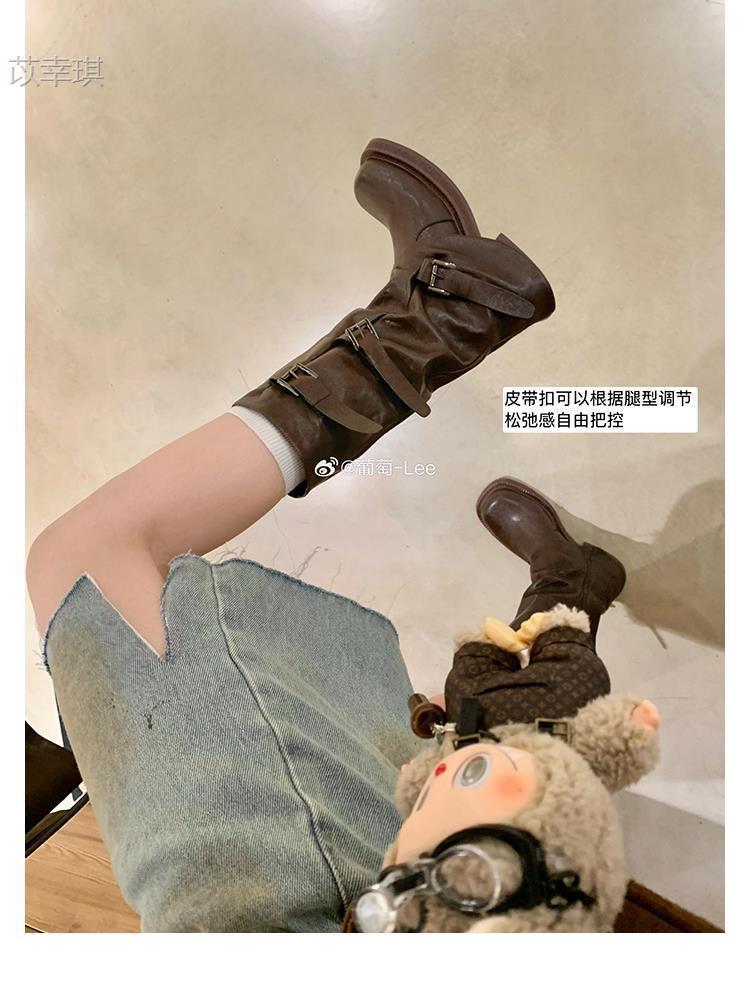 Niche Belt Buckle Design Sense Stack Boots Women's 2025 Autumn New Fashion Spice Girl Versatile Thick Heel Fashion Boots