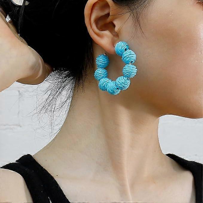 Colorful Statement Raffia Hoop Dangle Earrings for Women - Boho Circle Beaded Earrings - Fun Summer Rattan Beach Vacation Jewelry Teacher Gifts