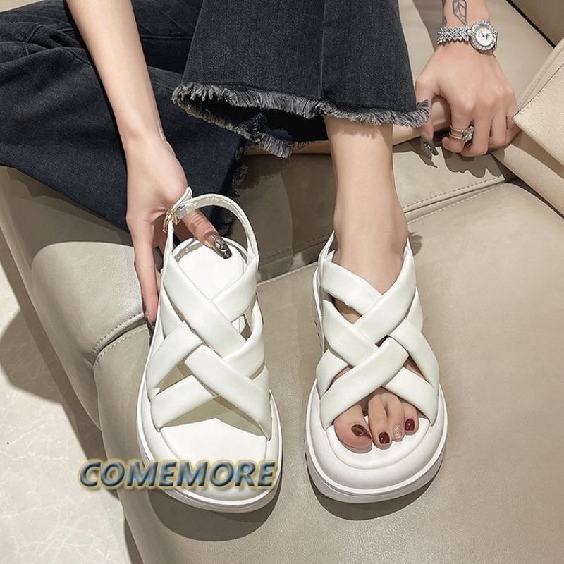 Модные сандалии с крестиком, черные туфли для женщин, летние туфли на каблуках, повседневные туфли с открытым носком, бежевые туфли для девочек, гладиаторы в стиле ретро, удобные туфли на плоской подошве, низкие 2024