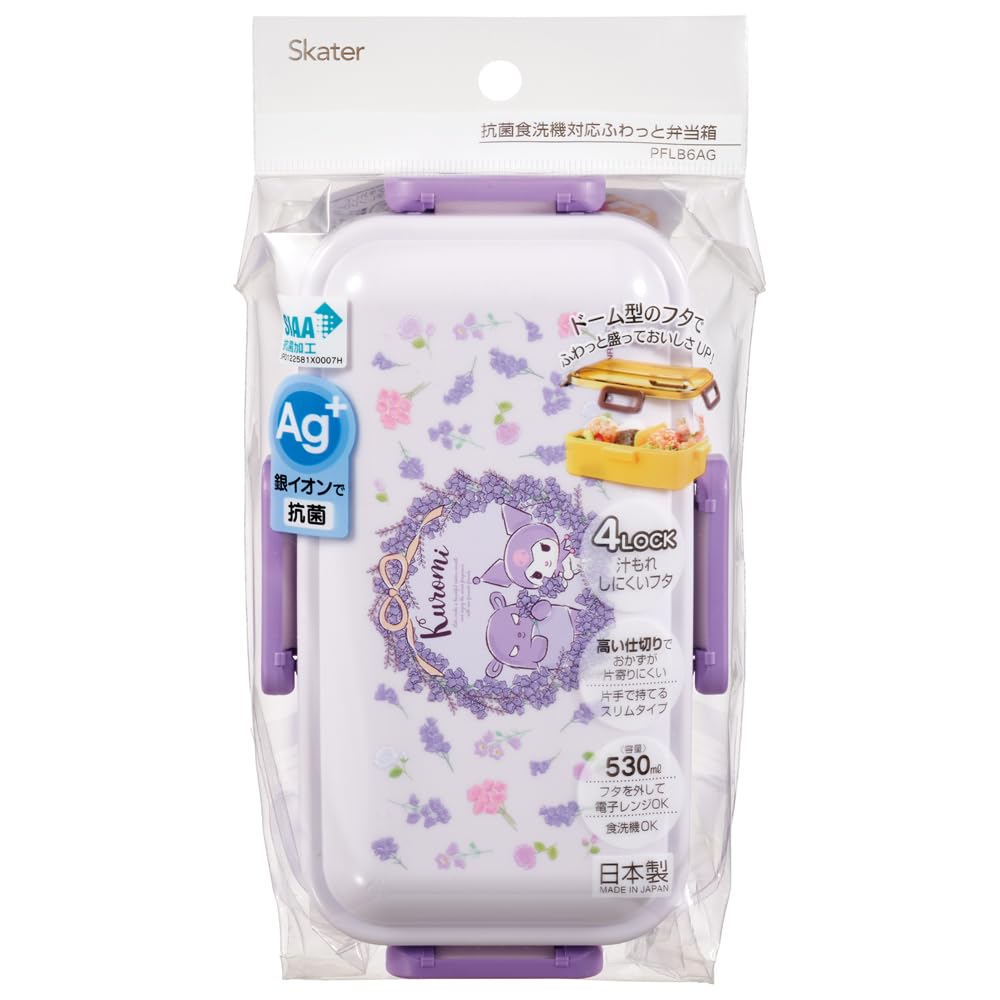 Skater Bento Single for Made in with Dishwasher and Microwave Sanrio Kuromi Flower Wreath Box, 530ml, Tier, Women, Japan, Leak-Resistant 4-Point Lock,