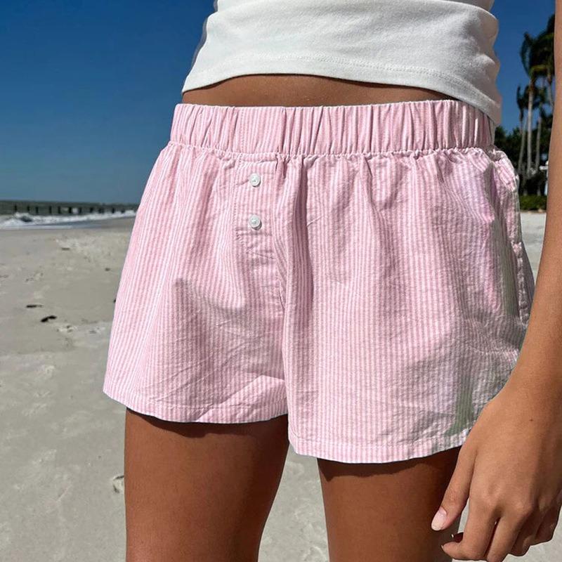 Fashion Summer Simple Striped Women Beach Shorts Loose Elastic Waist Sports Casual Short Pants Elegant Buttons Simple Basic Thin Women's Clothing