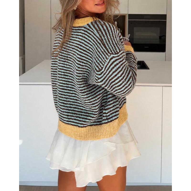 Women S Striped Knit Cardigan Round Neck Casual Sweater Coat