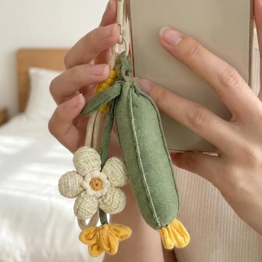 Plush Flower Keychain Fabric Key Pendant Country Style Botanical Keyring Gift for Women