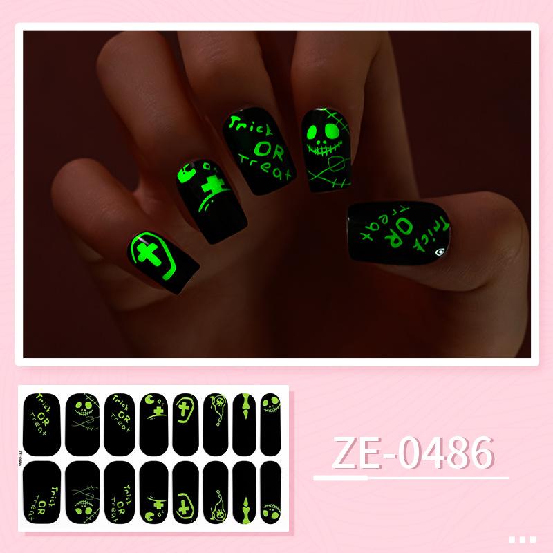 ZE Glow In Dark No-Cure Gel Nail Wraps, Full Cover Halloween Style Autumn Winter Nail Stickers, Nail Patch Films