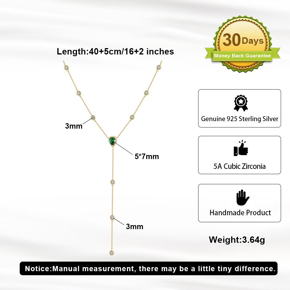 RINNTIN BQN39 Long Tassels 925 Sterling Silver Green Zircon Y-Necklace for Women Luxury Layered Chain Necklace