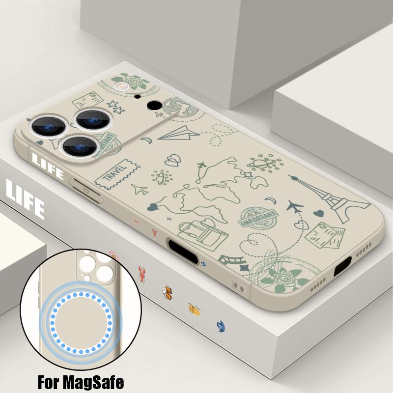 Магнитный Чехол Для Magsafe Для iPhone 17 Pro Max Мультяшный Граффити Печать Туристической Наклейки Мягкий Силиконовый Чехол Для Телефона Для iPhone 16 15 14 13 Pro Max 16e 17e