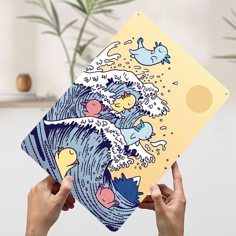 Axolotls Surfing Big Waves Printed Poster Customized Wall Art Retro Vintage Metal Tin Signs for Room Bedroom Decorations House