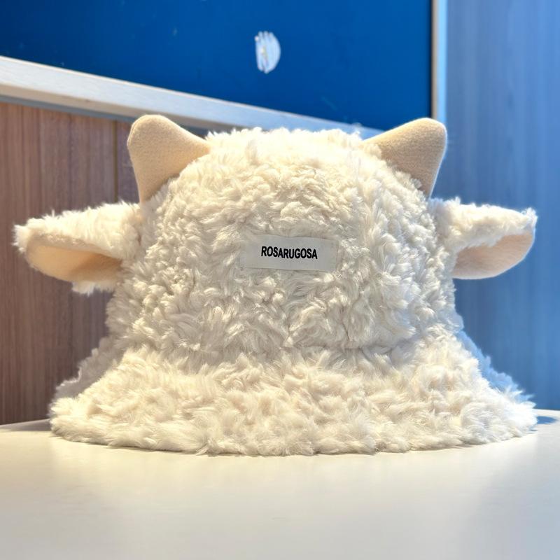 Милая плюшевая панама-ведро с ягненком, женская осенне-зимняя теплая универсальная шляпа-ведро, большой обхват головы, подчеркивающая маленькое лицо, парная шапка с ушками