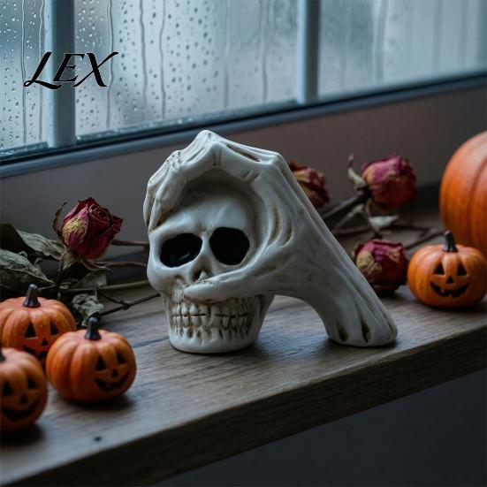 Realistic Bone Texture Figurine Halloween Skull Hand Sculpture, Gothic Skeleton Head Figurine, Spooky Resin Home Tabletop Ornament Decoration