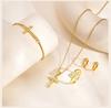 Stylish Christian Cross Jewelry Set, Women's Necklace Bracelet Earrings Ring 4pc for Birthday Christmas Baptism Gift