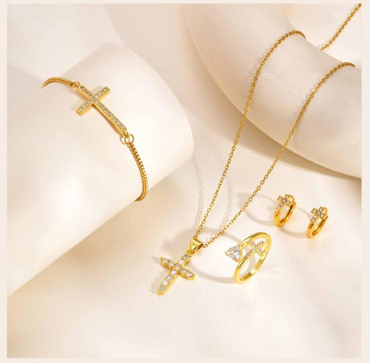 Stylish Christian Cross Jewelry Set, Women's Necklace Bracelet Earrings Ring 4pc for Birthday Christmas Baptism Gift