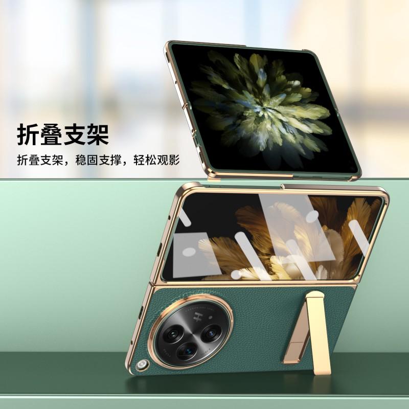 OnePlus Open Foldable Phone Case With Built-in Stand Electroplated Vegan Leather Full Coverage Shockproof Cover