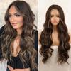 Women Fashion Long Water Wave Wig Without Bangs Synthetic Fiber Ombre Brown Blonde Color Body Wave Lace Front Wig