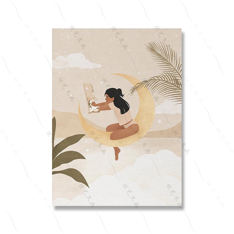 Бохо-земляные тона Полная луна Тропические растения Искусство Печать постера Йога Женщина Ведьма Минималистский женский холст Картина Комната Домашний декор
