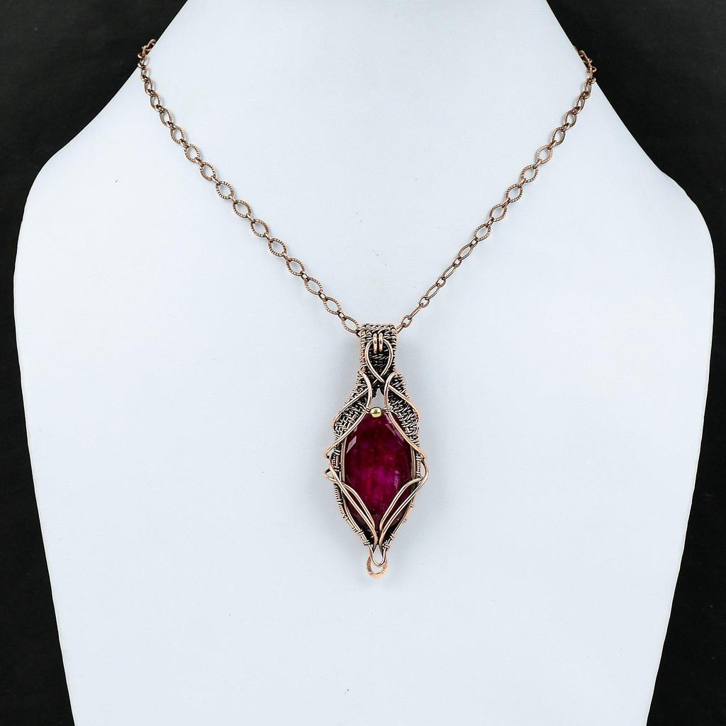 Граненый кашмирский рубиновый кулон, кулон из медной проволоки, кулон ручной работы, медные украшения, стильный кулон, кулон из настоящего драгоценного камня, подарок для нее