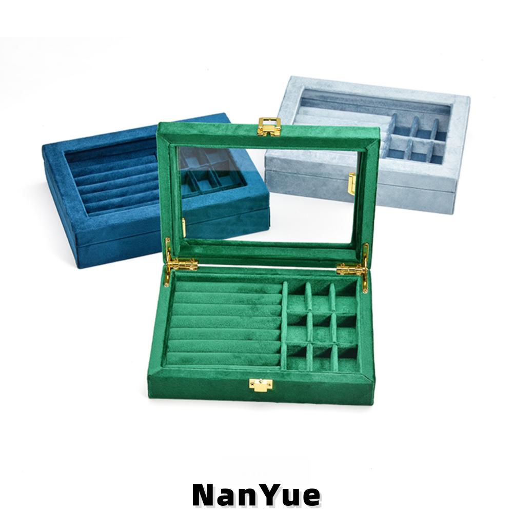 Rectangle Luxury Velvet Jewelry Box Clear Acrylic Top Multi Compartment Ring Earrings Necklace Jewelry Organizer Box Custom Logo