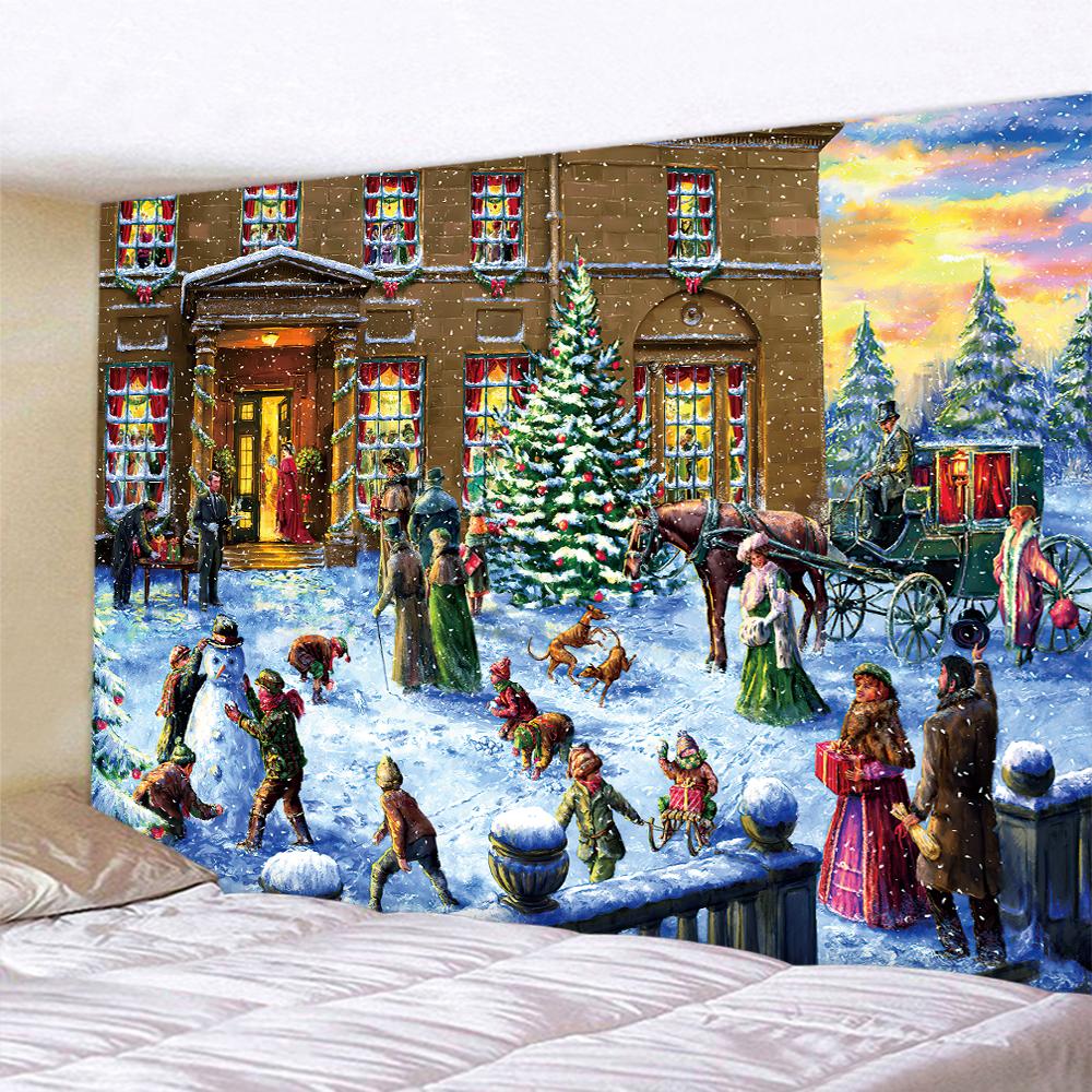Home Decoration Christmas Snow Scene Oil Painting Printing Tapestry Hippie Bohemian Psychedelic Scene Wall Decor Backdrop Cloth