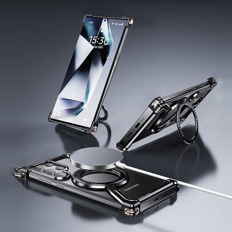 Магнитный чехол из алюминиевого сплава без оправы для Samsung S25 Ultra S24 Plus с вращающейся на 360 ° металлической подставкой для Magsafe Buffer Hard Cover