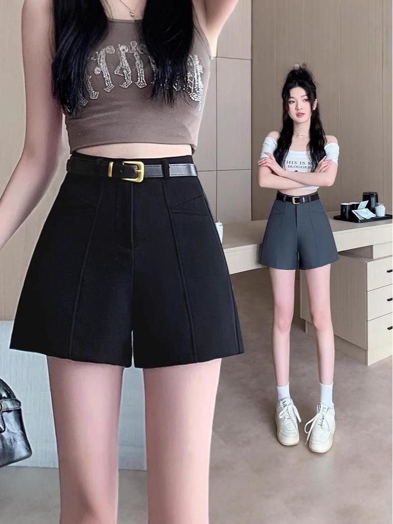 Women's High-Waist Summer A-line Booty Shorts - Black Outwear Slimming, Loose, Casual Wide-Leg Pants