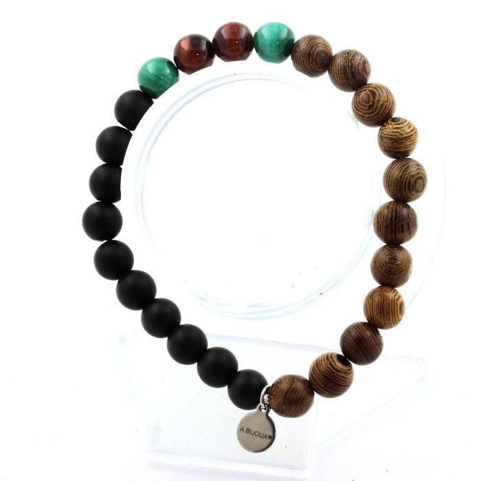 Stones and Minerals. Congo Malachite Beads Bracelet + Red Tiger Eye + Black Onyx Made In France.
