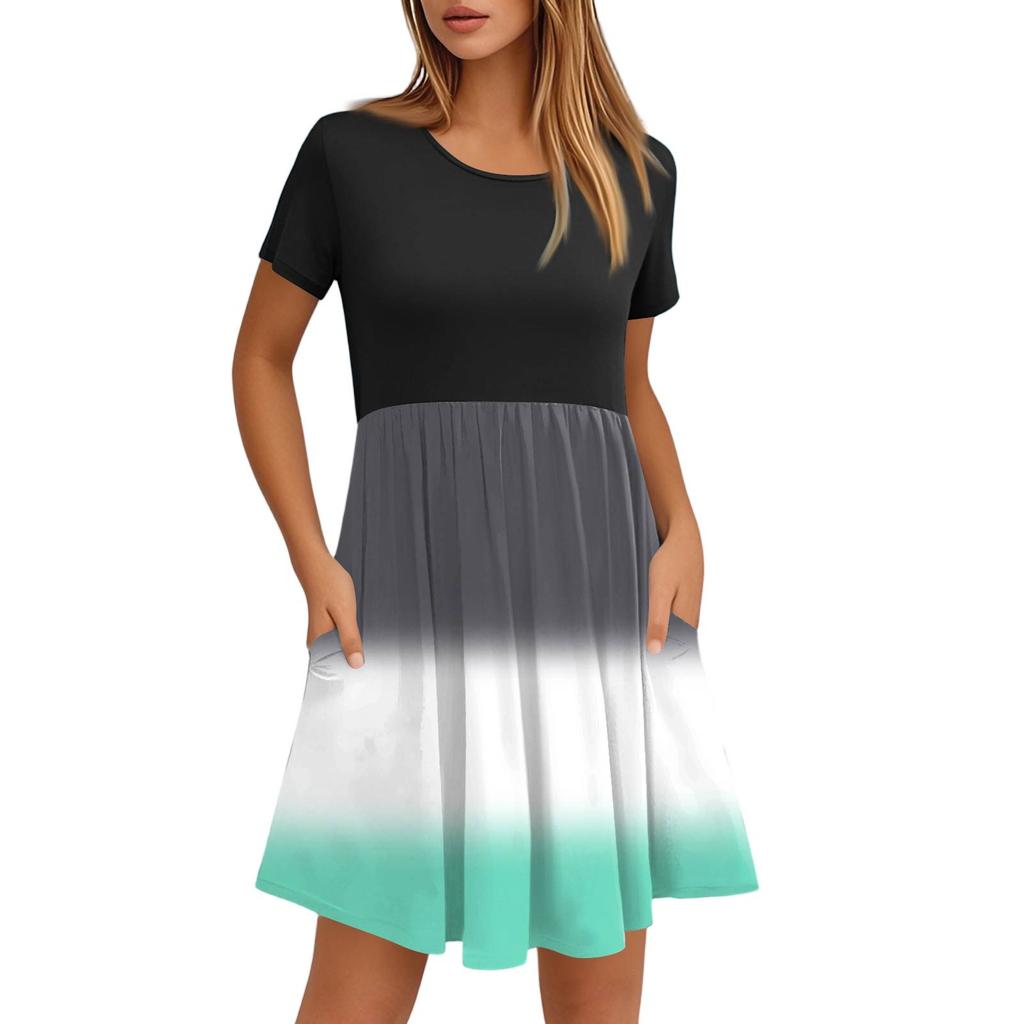 Женские модные повседневные свободные платья с круглым вырезом и коротким рукавом с принтом и карманами