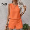 2 шт./комплект женский жилет шорты костюм круглый вырез без рукавов однотонный топ с высокой талией короткие брюки отпуск повседневный наряд летняя пляжная одежда