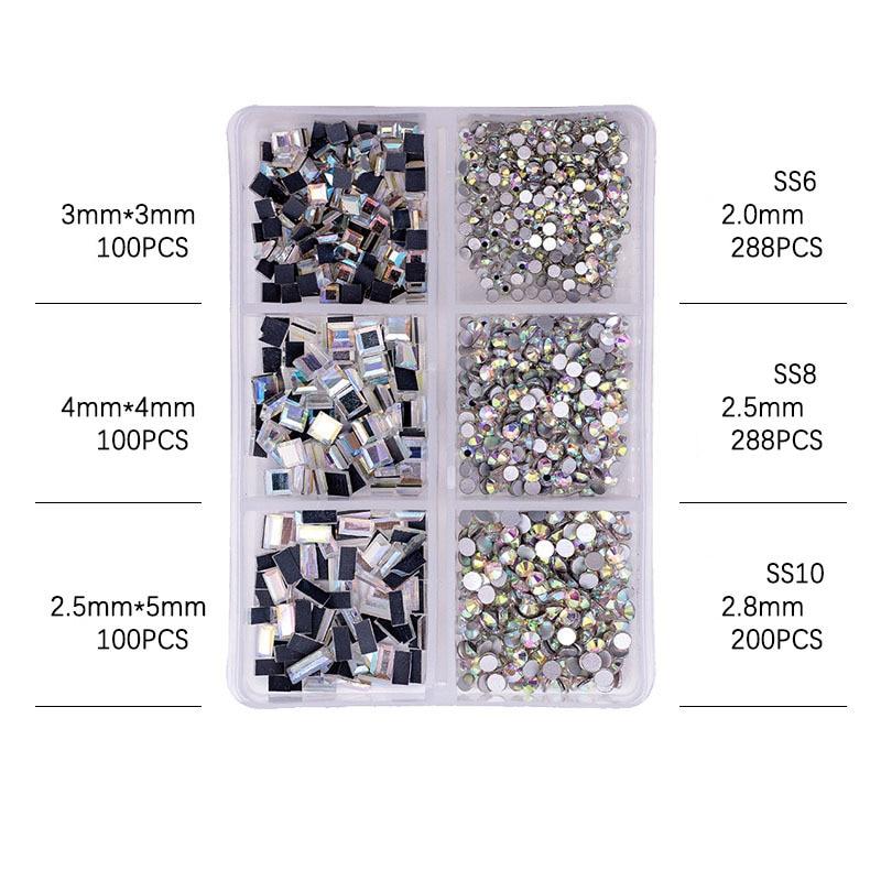 6 сеток/коробка, разные размеры, стразы с плоской задней стороной AB для ногтей, хрустальное стекло, драгоценные камни, ювелирные изделия с бриллиантами, аксессуары для украшения ногтей