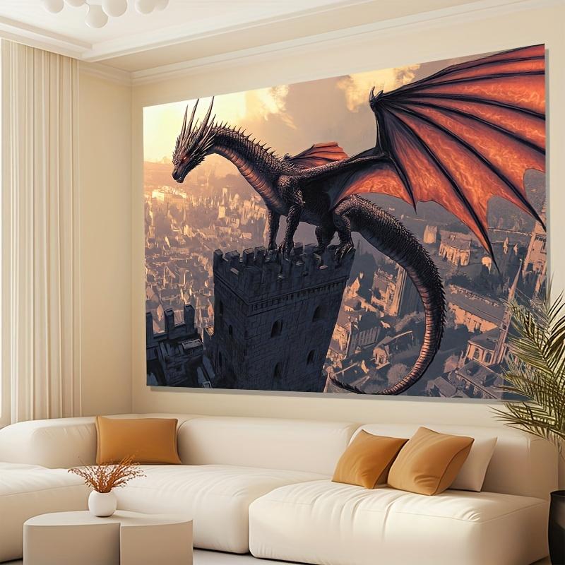 Vibrant Dragon Over Cityscape Tapestry Large Polyester Wall Art with Ornate Design Perfect for Living Room Bedroom Office